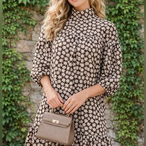 ANTHROPOLOGIE Cocoa Star Dot Print Mini Swing Dress, L